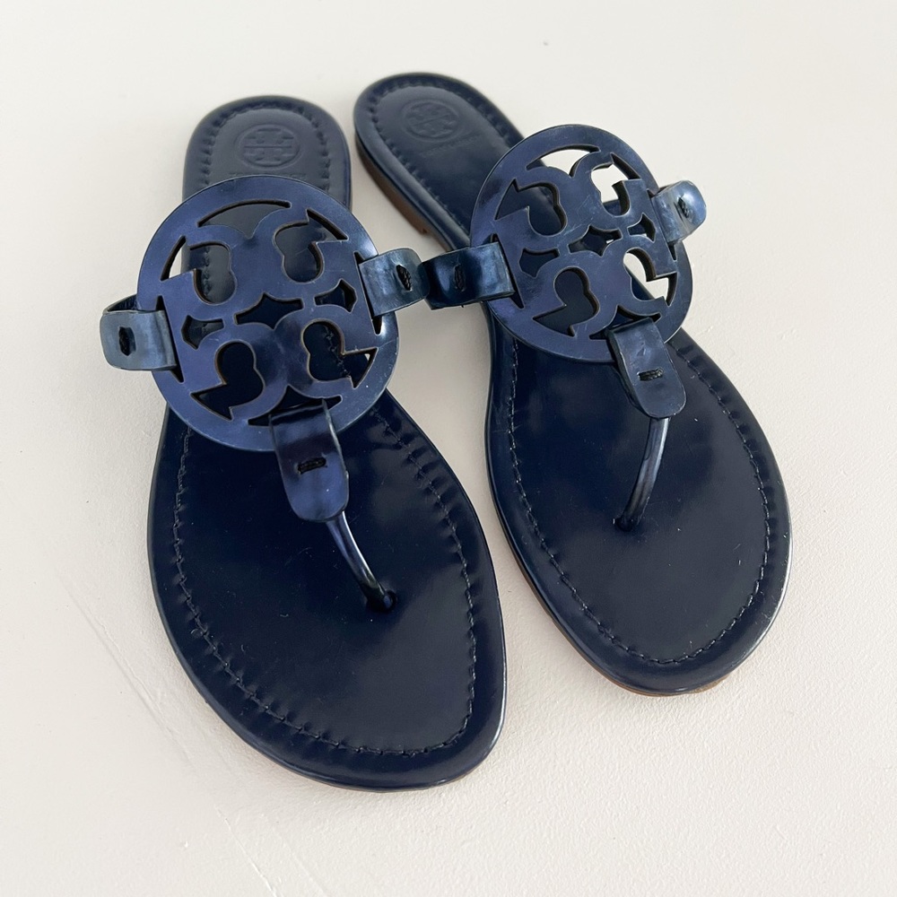 Navy Metallic Tory Burch Miller Logo Sandals Sz 9